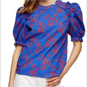 Topshop Blue Blouse with Red Floral Design